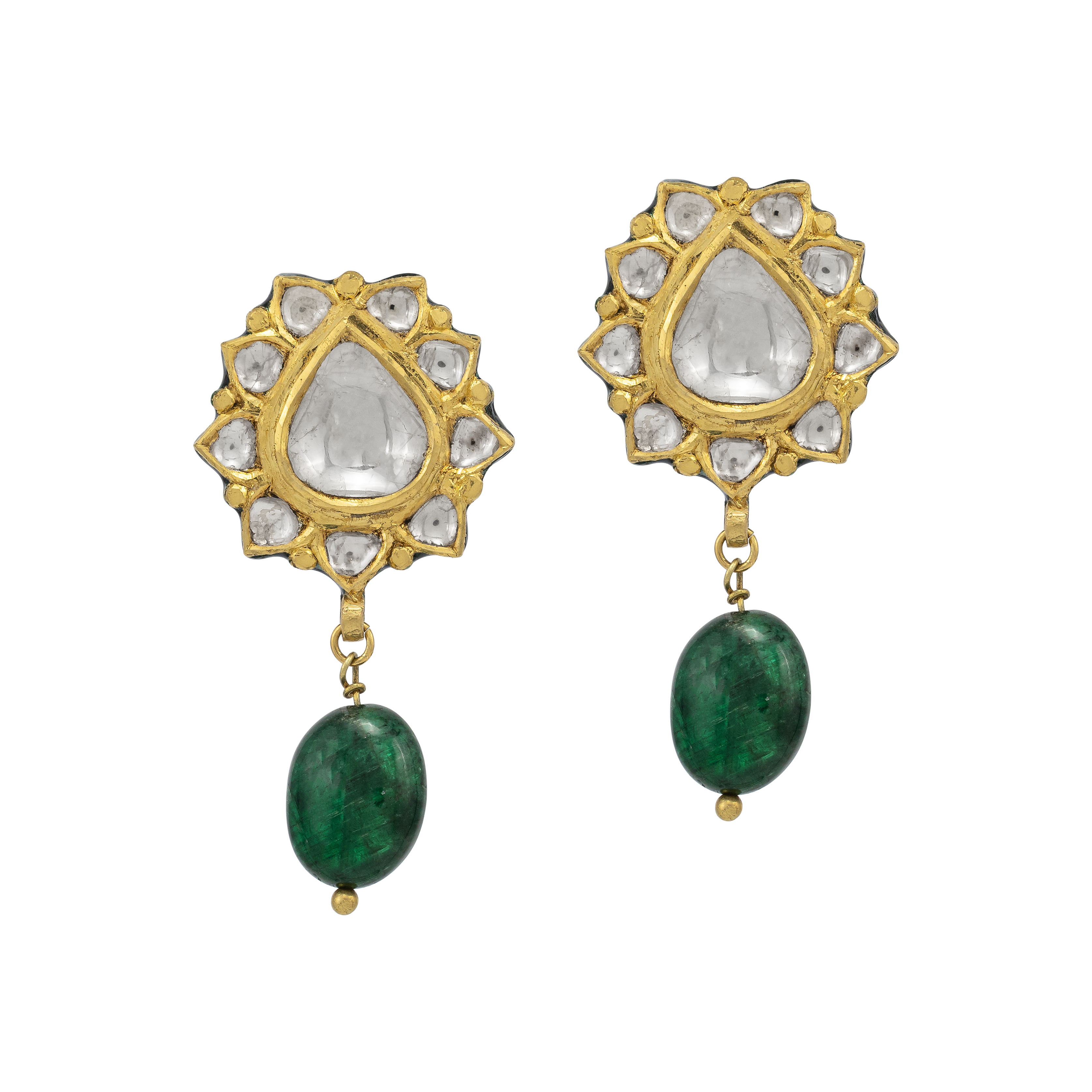 Lotus-Bud Inspired Polki Earrings with Emerald Drops